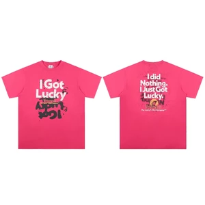 Unisex Lucky777 Letter Magenta Washed Print Áo thun tay ngắn dáng rộng