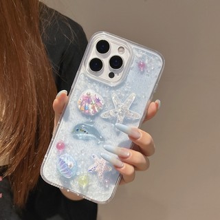 Ốp điện thoại keo thả vỏ ngôi sao dưới nước màu xanh ba chiều phù hợp cho iPhone 11 12 13 14 15 16 17 Pro Max trong suốt bao gồm tất cả vỏ chống rơi
