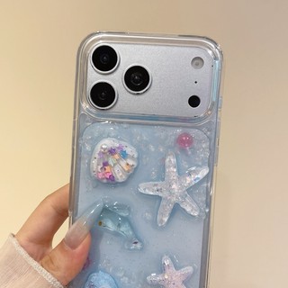 Ốp điện thoại keo thả vỏ ngôi sao dưới nước màu xanh ba chiều phù hợp cho iPhone 11 12 13 14 15 16 17 Pro Max trong suốt bao gồm tất cả vỏ chống rơi