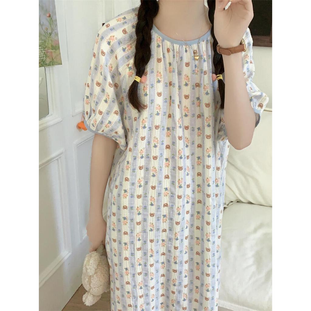 【Có độn ngực】Đầm ngủ nữ dáng dài dễ thương mới hè 2026: Áo ngủ cotton mát cổ tròn tay ngắn, in hình hoạt hình ngọt ngào xinh xắn【mặc nhà hay dạo phố đều đẹp】