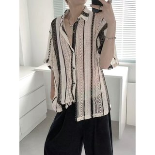 Goku Sẵn Sàng Mùa Hè Mỹ Họa Tiết Rỗng Áo Sơ Mi Tay Ngắn Nam Retro Dạo Phố Cặp Đôi Áo Sơ Mi Nửa Tay Thường Ngày