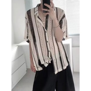 Goku Sẵn Sàng Mùa Hè Mỹ Họa Tiết Rỗng Áo Sơ Mi Tay Ngắn Nam Retro Dạo Phố Cặp Đôi Áo Sơ Mi Nửa Tay Thường Ngày