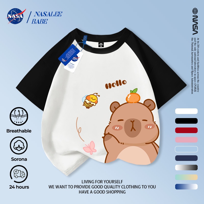 Áo thun NASA in hình Capybara, áo phông tay ngắn mùa hè thoáng mát cho bé trai và bé gái.