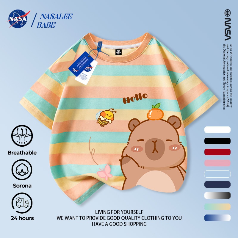 Áo thun NASA in hình Capybara, áo phông tay ngắn mùa hè thoáng mát cho bé trai và bé gái.