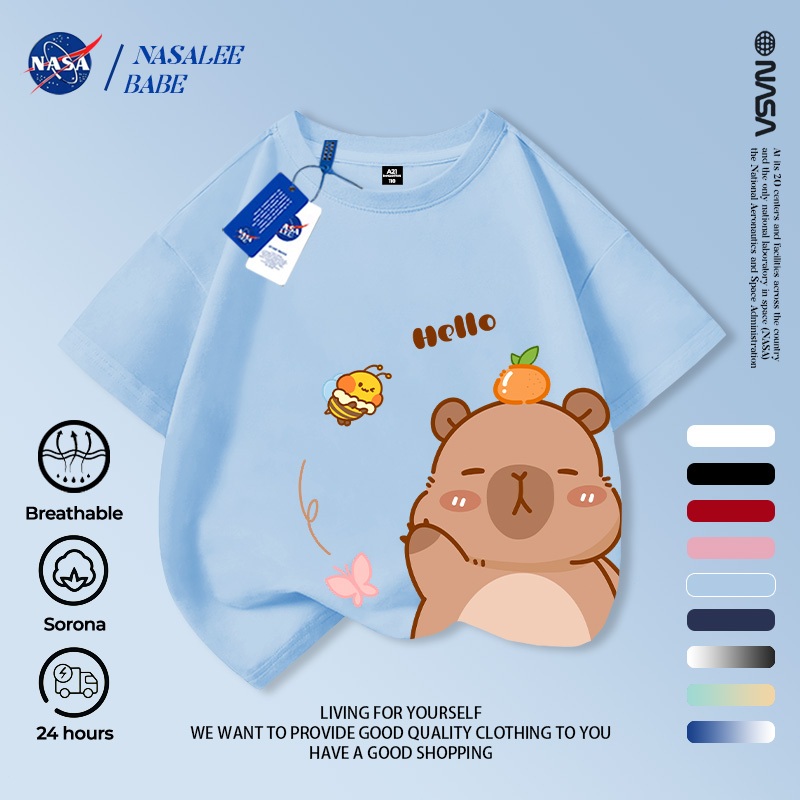 Áo thun NASA in hình Capybara, áo phông tay ngắn mùa hè thoáng mát cho bé trai và bé gái.