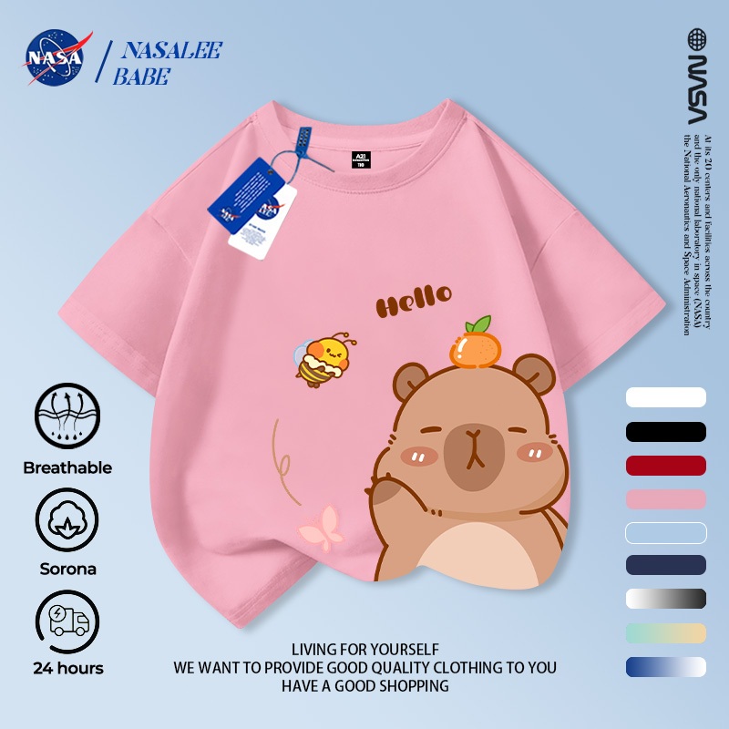 Áo thun NASA in hình Capybara, áo phông tay ngắn mùa hè thoáng mát cho bé trai và bé gái.