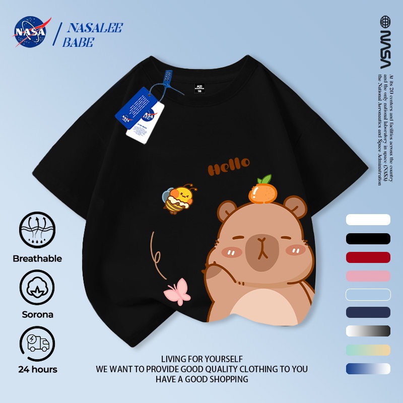 Áo thun NASA in hình Capybara, áo phông tay ngắn mùa hè thoáng mát cho bé trai và bé gái.