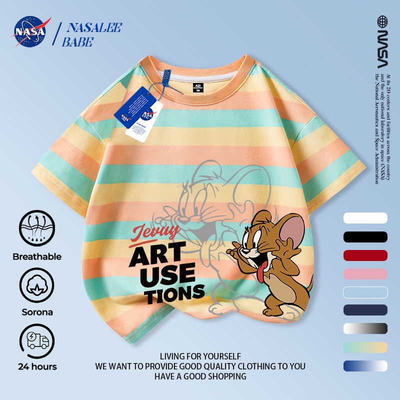 Áo thun NASA in hình Tom và Jerry, áo phông ngắn tay mùa hè thoáng mát cho trẻ em trai và gái.