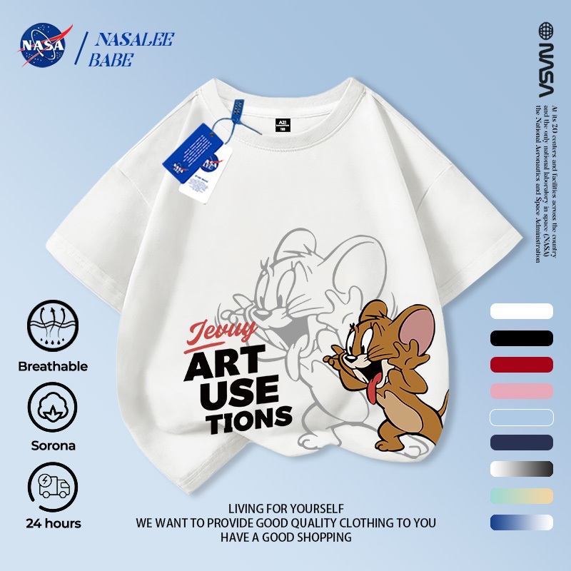 Áo thun NASA in hình Tom và Jerry, áo phông ngắn tay mùa hè thoáng mát cho trẻ em trai và gái.