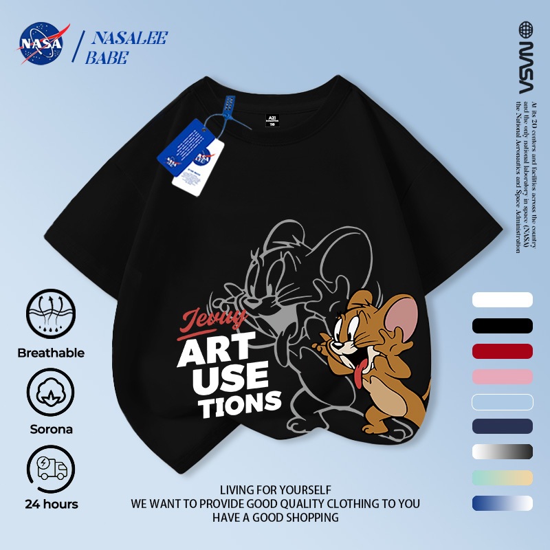 Áo thun NASA in hình Tom và Jerry, áo phông ngắn tay mùa hè thoáng mát cho trẻ em trai và gái.