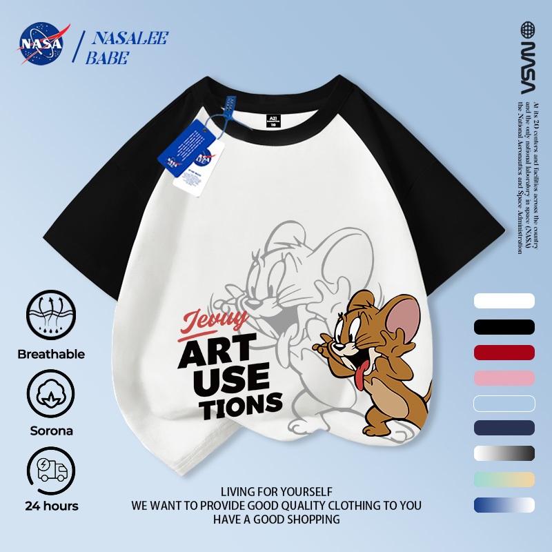 Áo thun NASA in hình Tom và Jerry, áo phông ngắn tay mùa hè thoáng mát cho trẻ em trai và gái.