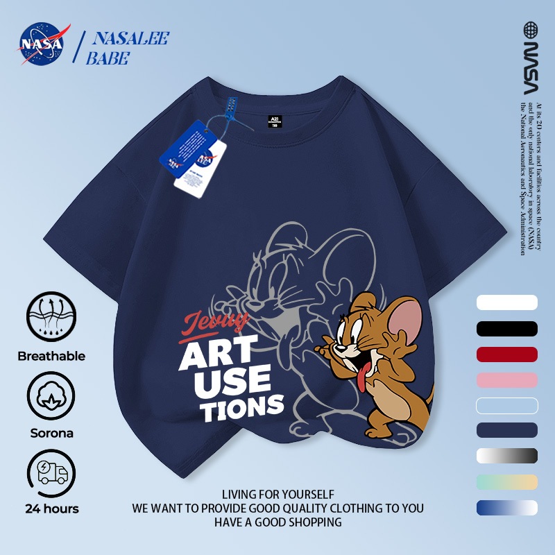 Áo thun NASA in hình Tom và Jerry, áo phông ngắn tay mùa hè thoáng mát cho trẻ em trai và gái.