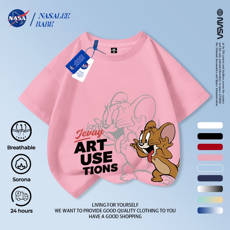 Áo thun NASA in hình Tom và Jerry, áo phông ngắn tay mùa hè thoáng mát cho trẻ em trai và gái.