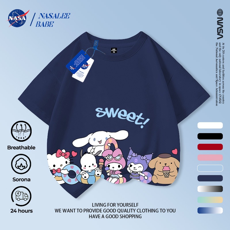 Áo thun NASA in hình Kuromi, áo phông tay ngắn phong cách dễ thương cho bé trai bé gái mùa hè.
