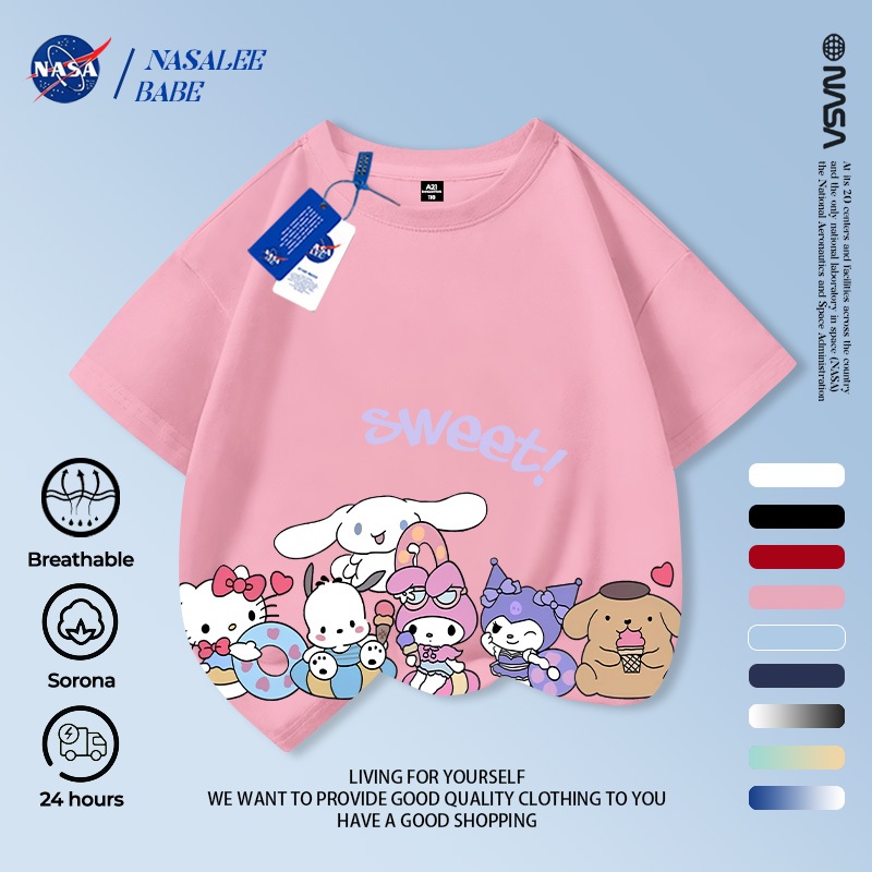 Áo thun NASA in hình Kuromi, áo phông tay ngắn phong cách dễ thương cho bé trai bé gái mùa hè.
