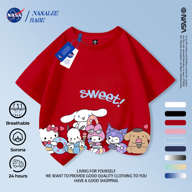 Áo thun NASA in hình Kuromi, áo phông tay ngắn phong cách dễ thương cho bé trai bé gái mùa hè.