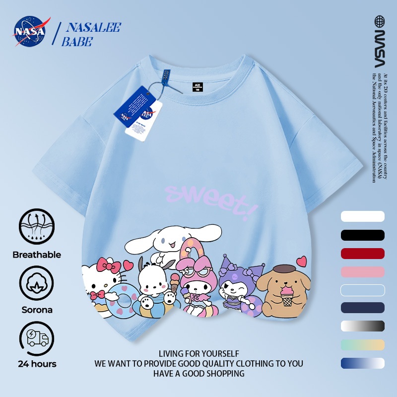 Áo thun NASA in hình Kuromi, áo phông tay ngắn phong cách dễ thương cho bé trai bé gái mùa hè.