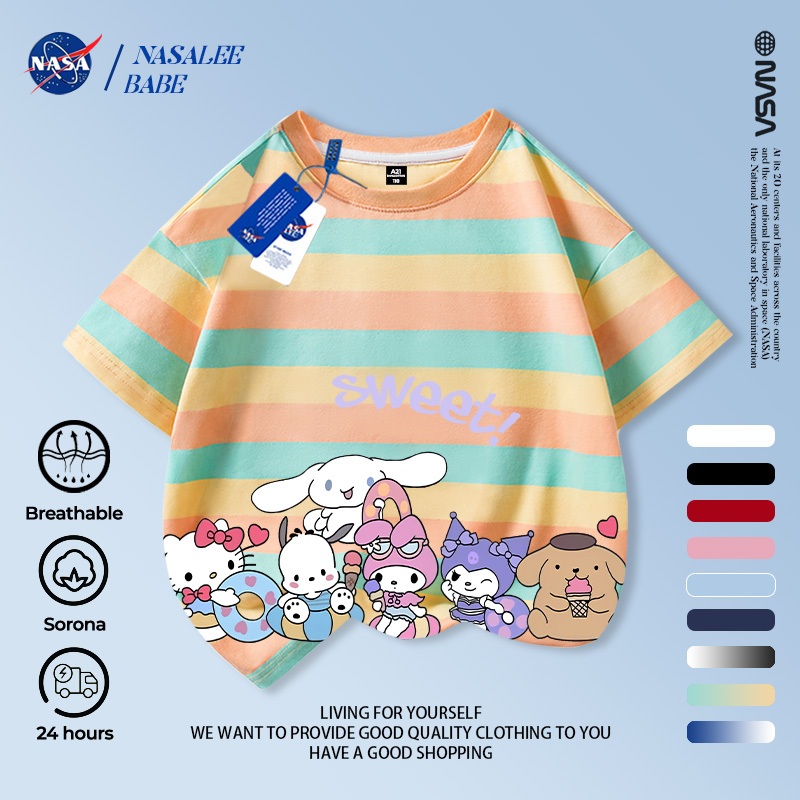 Áo thun NASA in hình Kuromi, áo phông tay ngắn phong cách dễ thương cho bé trai bé gái mùa hè.