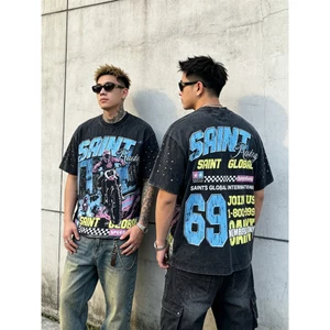 Rock Dạo Phố Giặt Áo Thun Retro 250g Chải Cotton Đau Khổ In Kim Cương Giả Tee