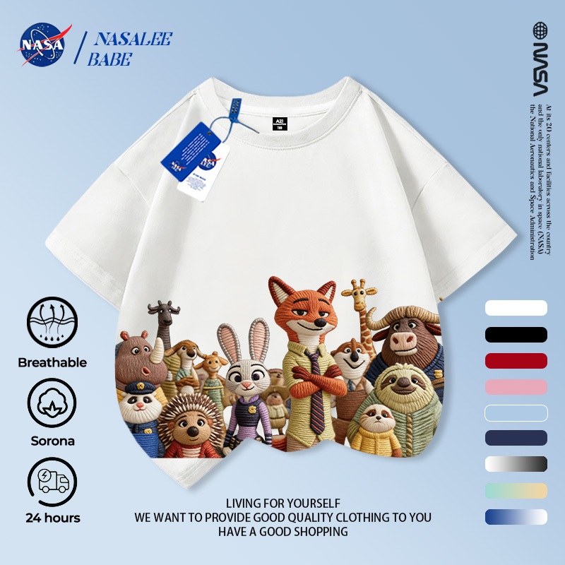 Áo thun tay ngắn in họa tiết Zootopia (Thành phố Động vật Cuồng nhiệt) x NASA chất liệu 100% cotton cho bé trai và bé gái mùa hè