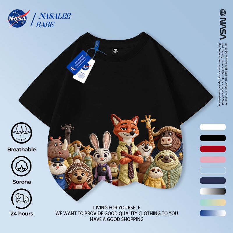 Áo thun tay ngắn in họa tiết Zootopia (Thành phố Động vật Cuồng nhiệt) x NASA chất liệu 100% cotton cho bé trai và bé gái mùa hè