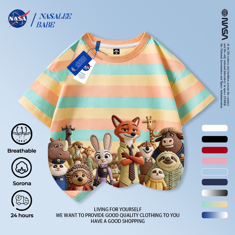 Áo thun tay ngắn in họa tiết Zootopia (Thành phố Động vật Cuồng nhiệt) x NASA chất liệu 100% cotton cho bé trai và bé gái mùa hè