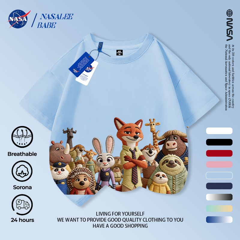 Áo thun tay ngắn in họa tiết Zootopia (Thành phố Động vật Cuồng nhiệt) x NASA chất liệu 100% cotton cho bé trai và bé gái mùa hè