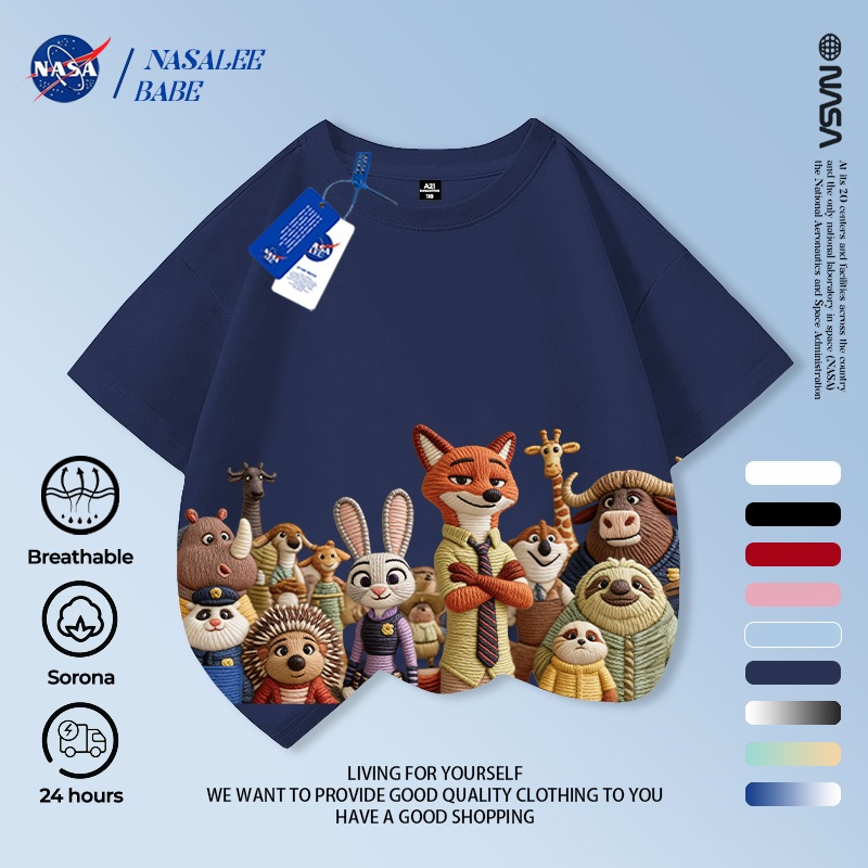 Áo thun tay ngắn in họa tiết Zootopia (Thành phố Động vật Cuồng nhiệt) x NASA chất liệu 100% cotton cho bé trai và bé gái mùa hè