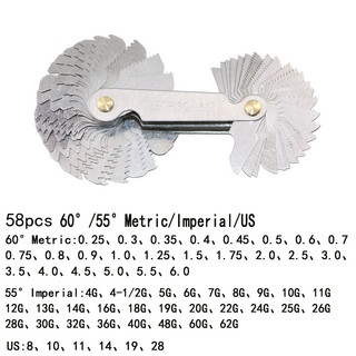 Đồng hồ đo phích cắm ren 58 trong 1 Thép không gỉ Imperial Metric 60 độ và 55 độ Đồng hồ đo ren