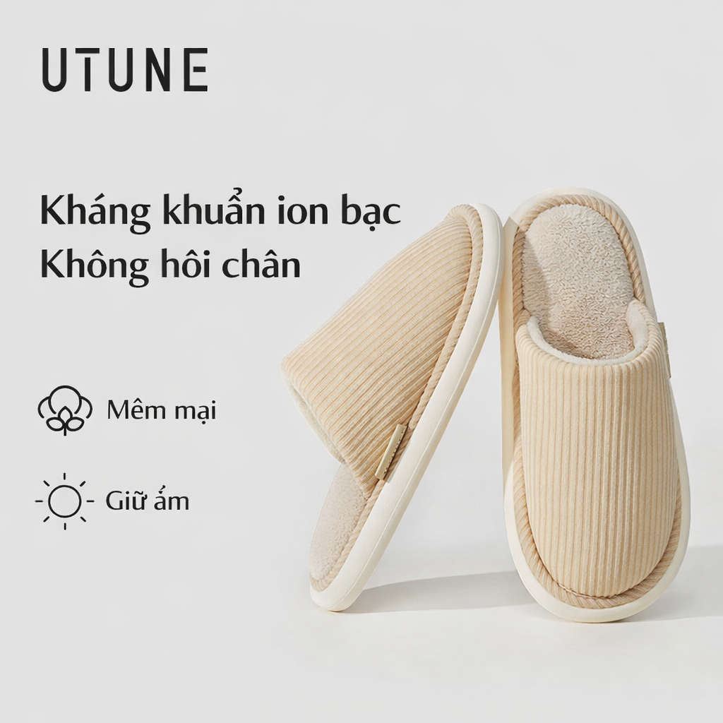 UTUNE dép vải cotton kẻ sọc kháng khuẩn khử mùi đi trong nhà ấm áp thoải mái chống trơn trượt đế EVA mềm nhẹ êm ái thiết kế đơn giản dùng cho gia đình sàn gỗ nội thất trong nhà sử dụng hàng ngày