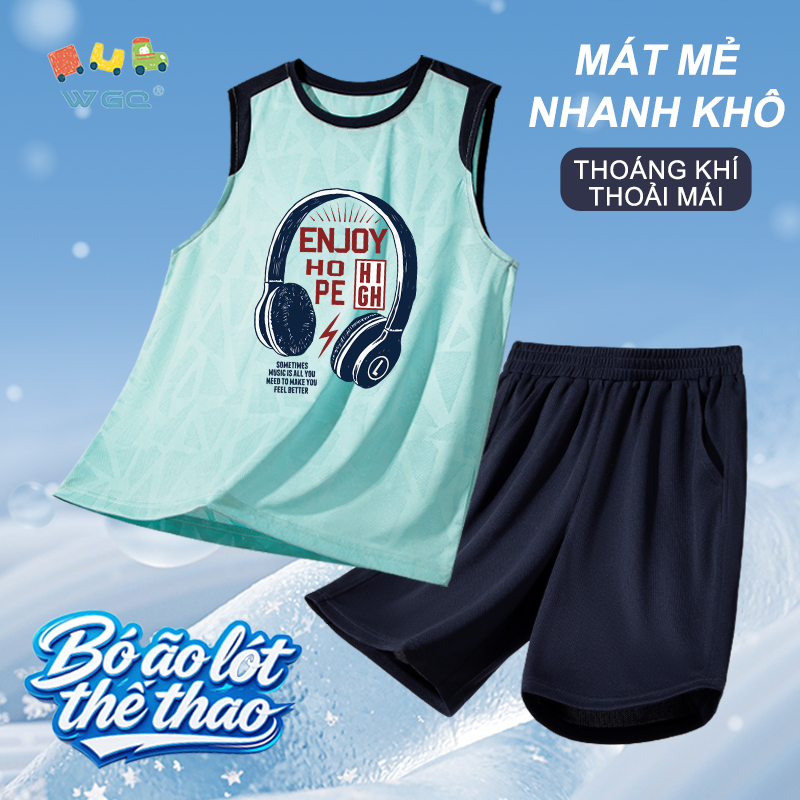 W.G.Q Bộ đồ bé trai，Bộ đồ hai mảnh thể thao có in tai nghe，Vải khô nhanh，thoáng khí nhẹ，thoải mái mát mẻ，thích hợp để mặc thời tiết nóng
