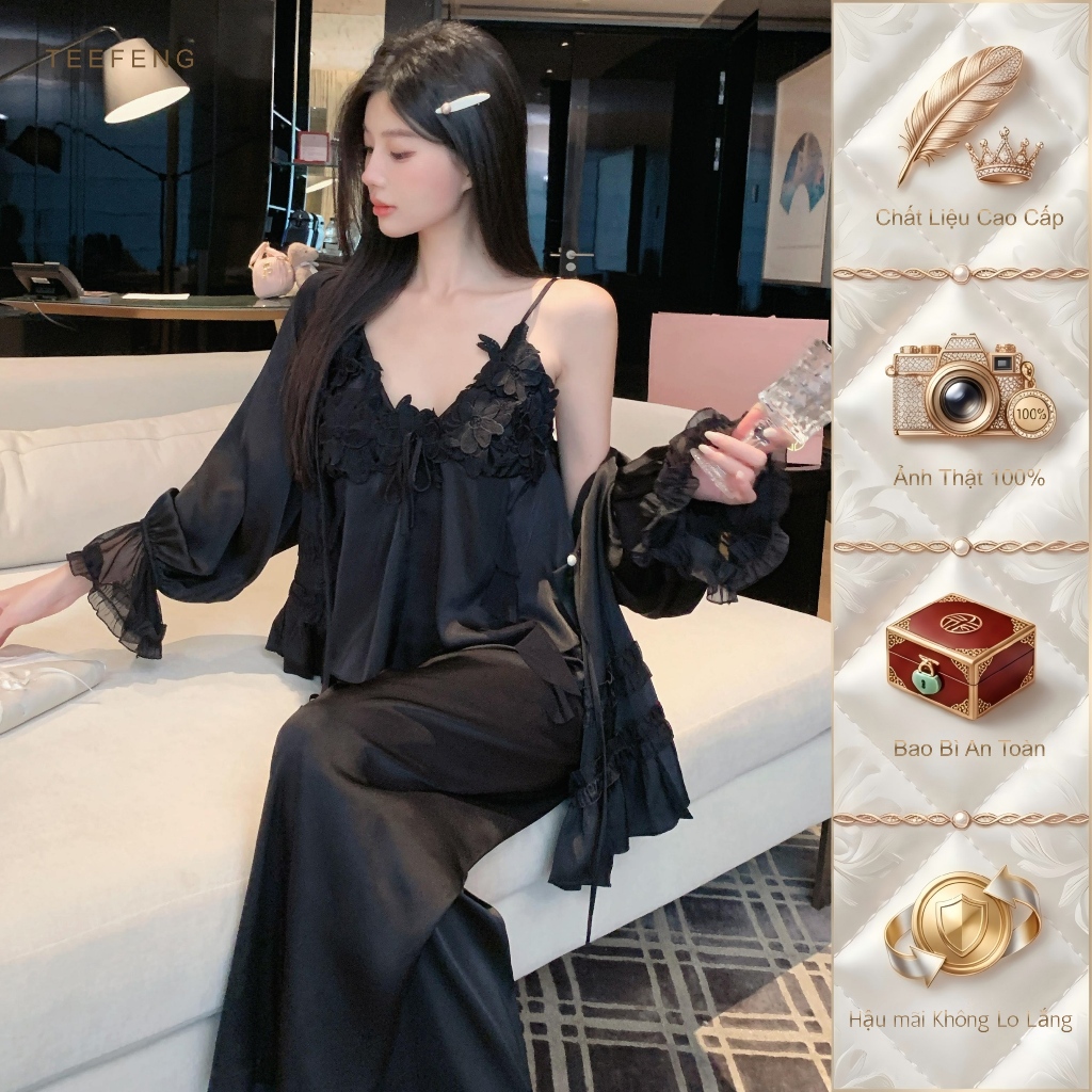 TEEFENG Bộ Đồ Ngủ Bốn Mảnh Lụa Cao Cấp Ren Viền Sang Trọng Gợi Cảm Tay Dài Mùa Hè Hai Dây Mặc Nhà
