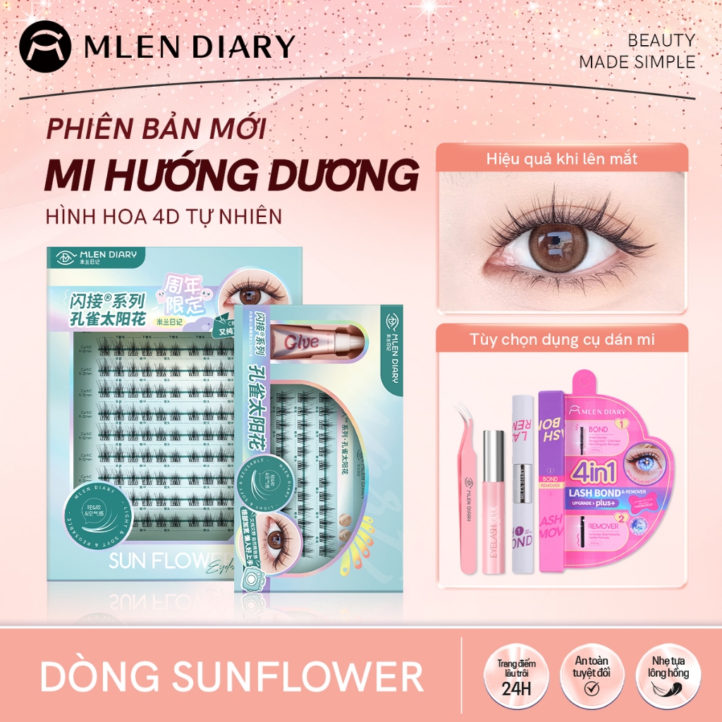 MLEN DIARY Lông Mi Giả Hoa Hướng Dương (9-12 mm) - Set Cụm Mi Trên Và Dưới Nối Tự Nhiên, Cong Chữ C, Phiên Bản Mới