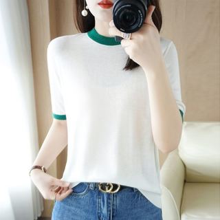 Mùa Hè 2022 Thiết Kế Độc Đá Lụa Chữ Jacquard Hồng Xanh Dệt Kim Áo Thun Mỏng Top Nữ Mùa Hè Nữ Ngắn Nữ Top Quần Áo Nữ