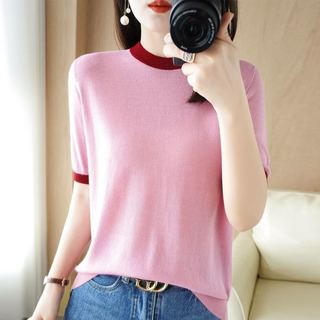 Mùa Hè 2022 Thiết Kế Độc Đá Lụa Chữ Jacquard Hồng Xanh Dệt Kim Áo Thun Mỏng Top Nữ Mùa Hè Nữ Ngắn Nữ Top Quần Áo Nữ