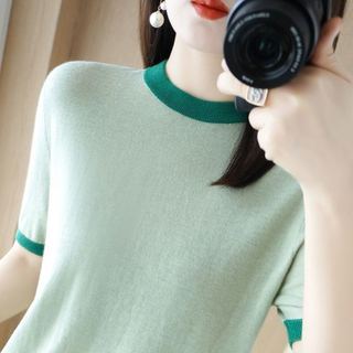 Mùa Hè 2022 Thiết Kế Độc Đá Lụa Chữ Jacquard Hồng Xanh Dệt Kim Áo Thun Mỏng Top Nữ Mùa Hè Nữ Ngắn Nữ Top Quần Áo Nữ