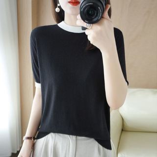 Mùa Hè 2022 Thiết Kế Độc Đá Lụa Chữ Jacquard Hồng Xanh Dệt Kim Áo Thun Mỏng Top Nữ Mùa Hè Nữ Ngắn Nữ Top Quần Áo Nữ