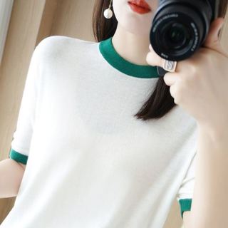 Mùa Hè 2022 Thiết Kế Độc Đá Lụa Chữ Jacquard Hồng Xanh Dệt Kim Áo Thun Mỏng Top Nữ Mùa Hè Nữ Ngắn Nữ Top Quần Áo Nữ