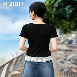 【MIZIQI】Áo thun ngắn tay ren hai mảnh giả phong cách Hàn Quốc dành cho nữ, Áo ngắn ôm mùa hè