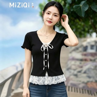【MIZIQI】Áo thun ngắn tay ren hai mảnh giả phong cách Hàn Quốc dành cho nữ, Áo ngắn ôm mùa hè