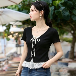 【MIZIQI】Áo thun ngắn tay ren hai mảnh giả phong cách Hàn Quốc dành cho nữ, Áo ngắn ôm mùa hè