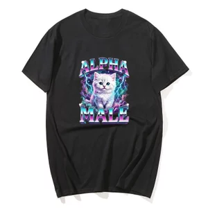 Áo Nam Alpha Nam Mèo Con Cầu Vồng 100% Bông, Phong Cách Y2K Oversized Cổ Tròn Mùa Hè