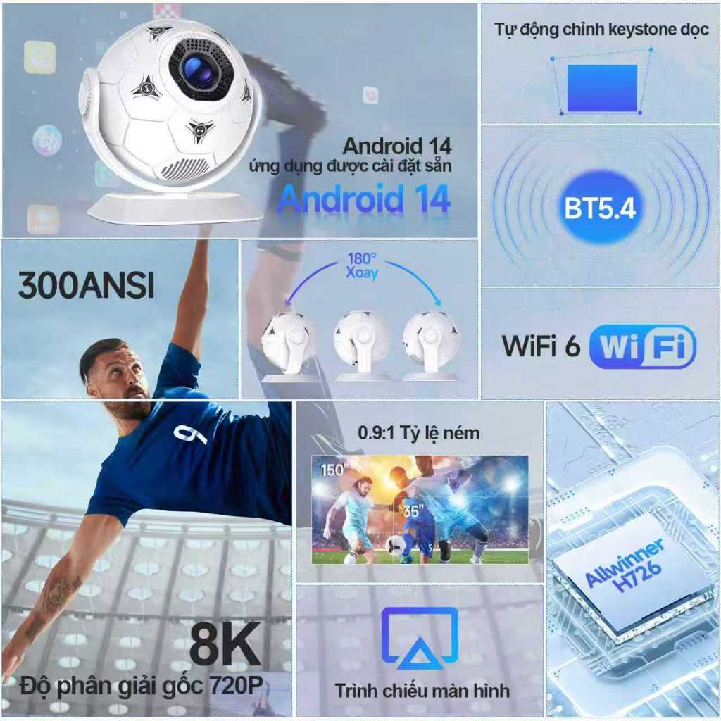 Máy chiếu Magcubic HY300F 4K 1080P Hỗ trợ 300 ANSI Android14 WiFi6 BT5.4 Kiểu dáng bóng đá Rạp chiếu phim tại nhà | BigBuy360 - bigbuy360.vn