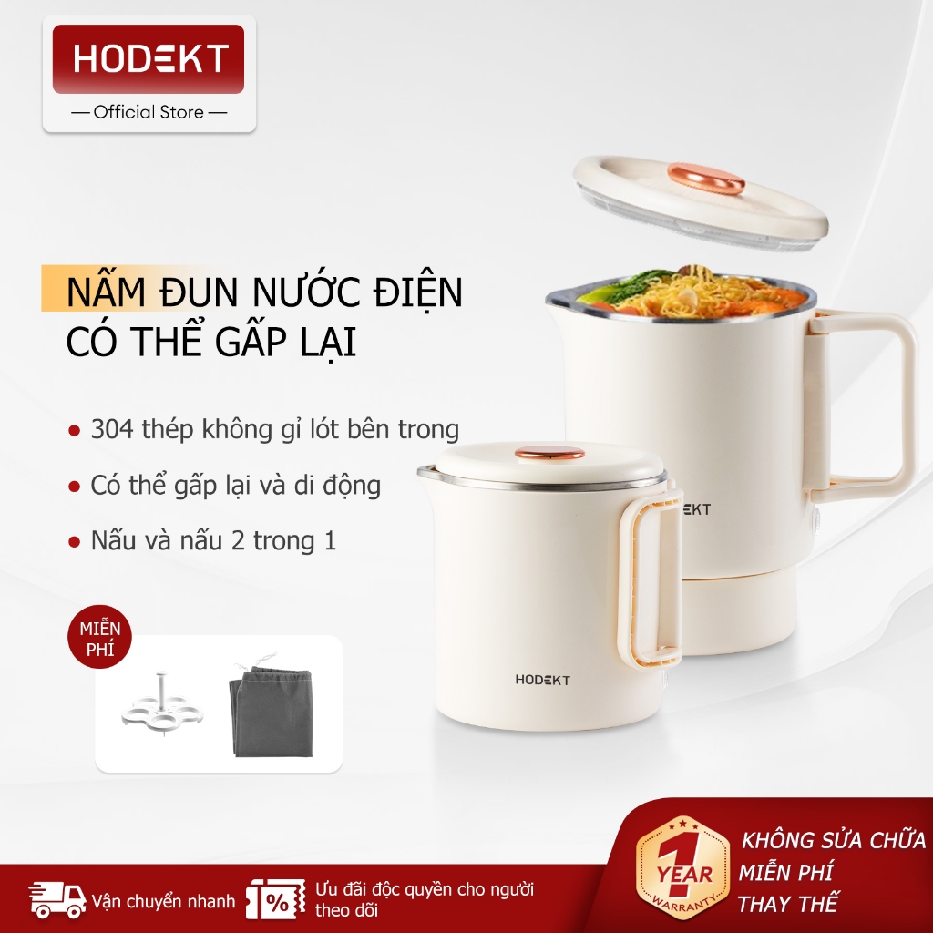 Ấm Đun Nước Điện Gấp Gọn HODEKT 1L 600W Thép 304 Nguyên Khối Chống Rò Rỉ 2 Chế Độ (Sôi/Nấu) Đa Năng