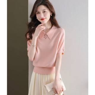 Áo len lụa băng ngắn tay cổ áo Polo mùa hè Pháp đi lại đơn giản Ve áo thun hàng đầu