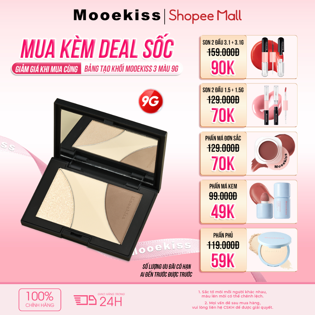 [LIVE] Bảng Tạo Khối Mooekiss 3 Màu 9g, Contour & Highlight, Tạo Gương Mặt Sắc Nét