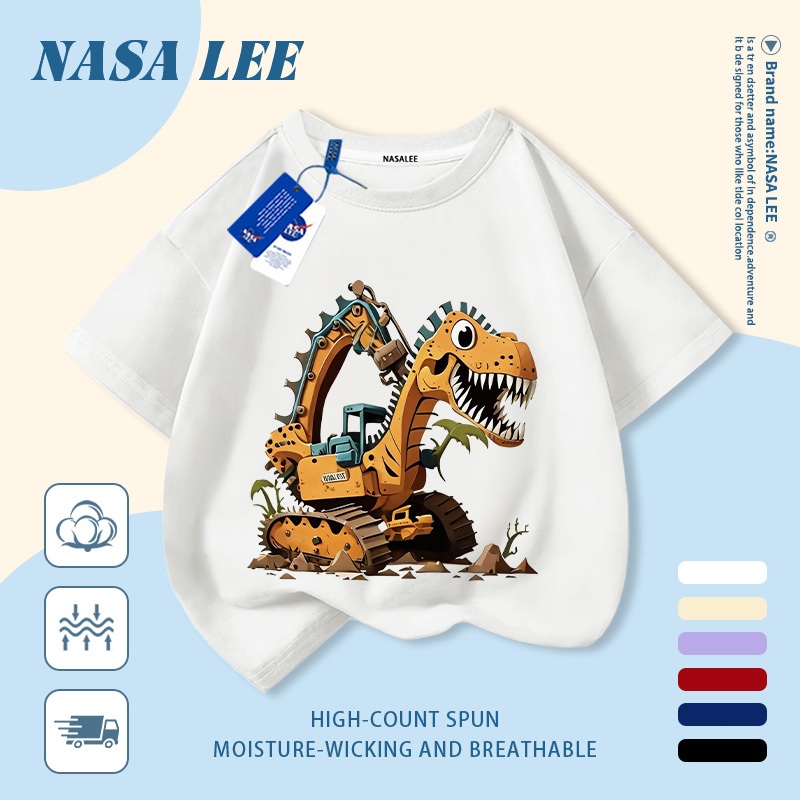 【Giao hàng trong ngày】 Áo thun trẻ em NASA cotton trắng thoáng khí in hình khủng long và máy xúc hoạt hình thời trang, tay ngắn thoải mái cho bé 3-16 tuổi cả trai và gái.