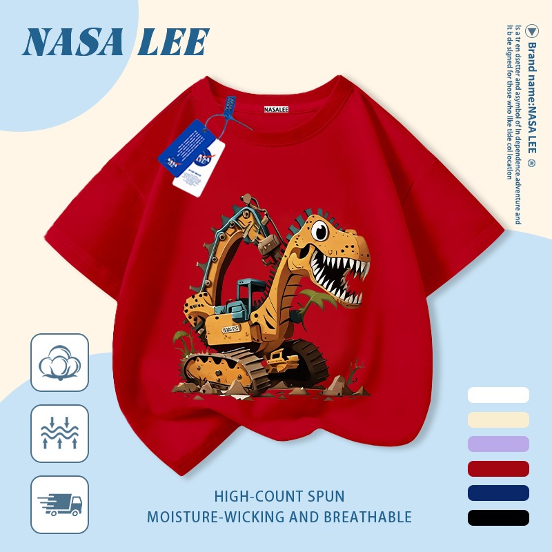 【Giao hàng trong ngày】 Áo thun trẻ em NASA cotton trắng thoáng khí in hình khủng long và máy xúc hoạt hình thời trang, tay ngắn thoải mái cho bé 3-16 tuổi cả trai và gái.