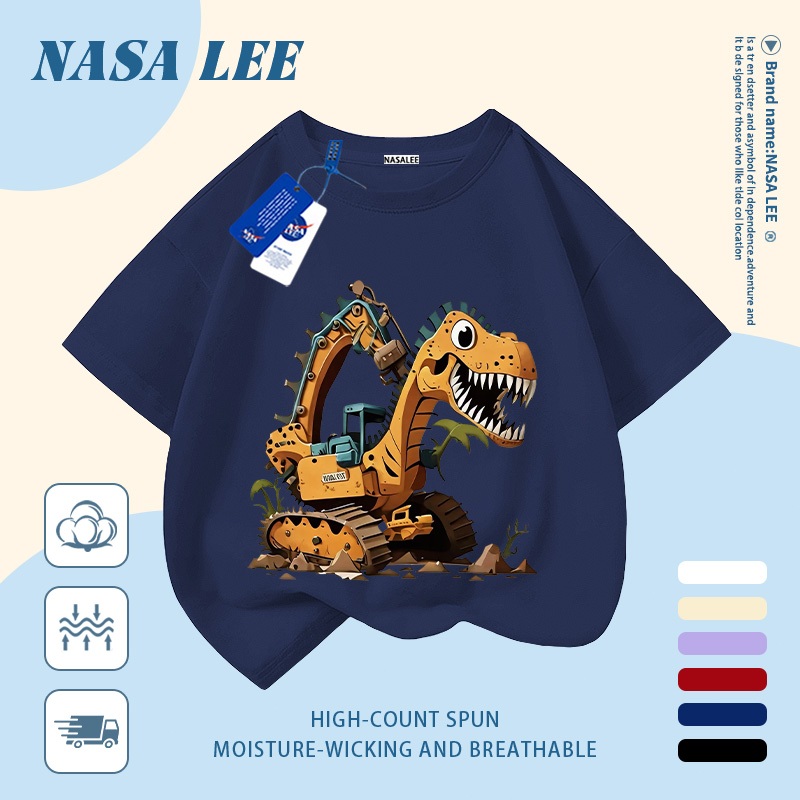 【Giao hàng trong ngày】 Áo thun trẻ em NASA cotton trắng thoáng khí in hình khủng long và máy xúc hoạt hình thời trang, tay ngắn thoải mái cho bé 3-16 tuổi cả trai và gái.