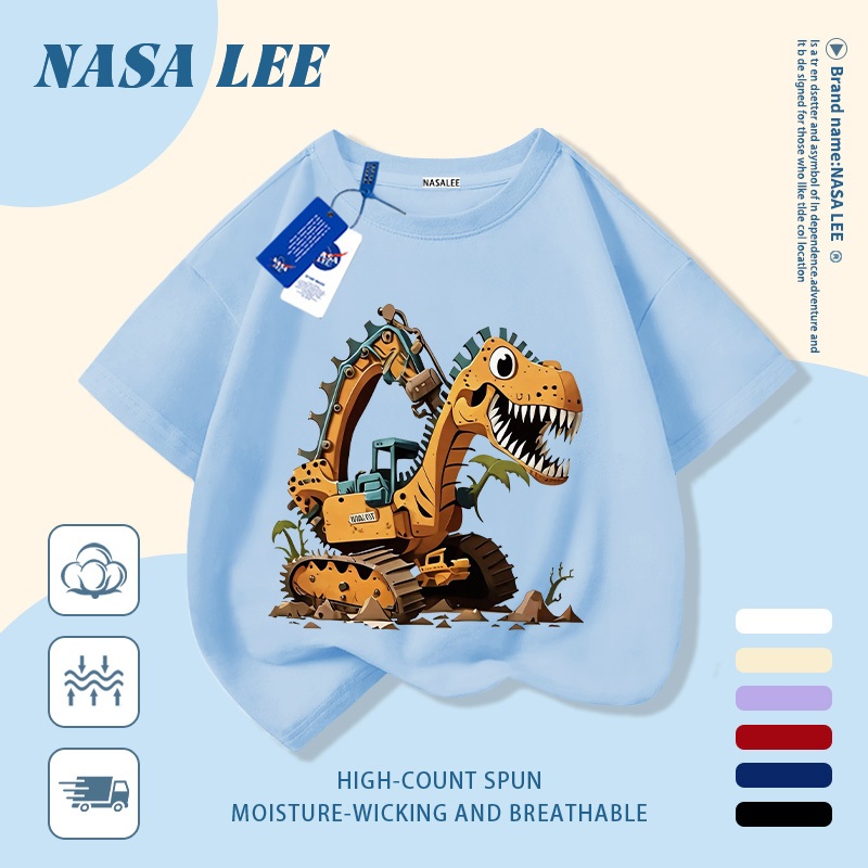 【Giao hàng trong ngày】 Áo thun trẻ em NASA cotton trắng thoáng khí in hình khủng long và máy xúc hoạt hình thời trang, tay ngắn thoải mái cho bé 3-16 tuổi cả trai và gái.